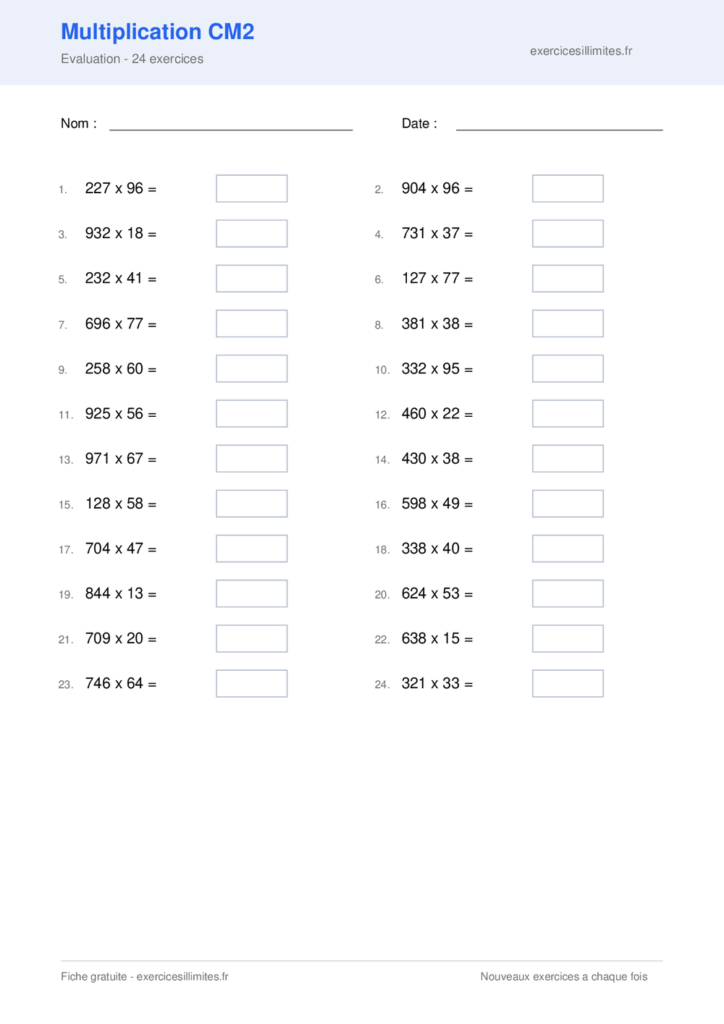 Fiche multiplication cm2 - Evaluation - 24 exercices