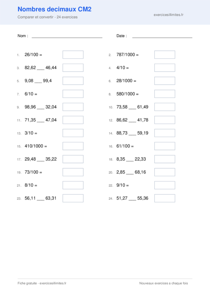 Fiche nombres decimaux CM2 - Comparer et convertir - 24 exercices