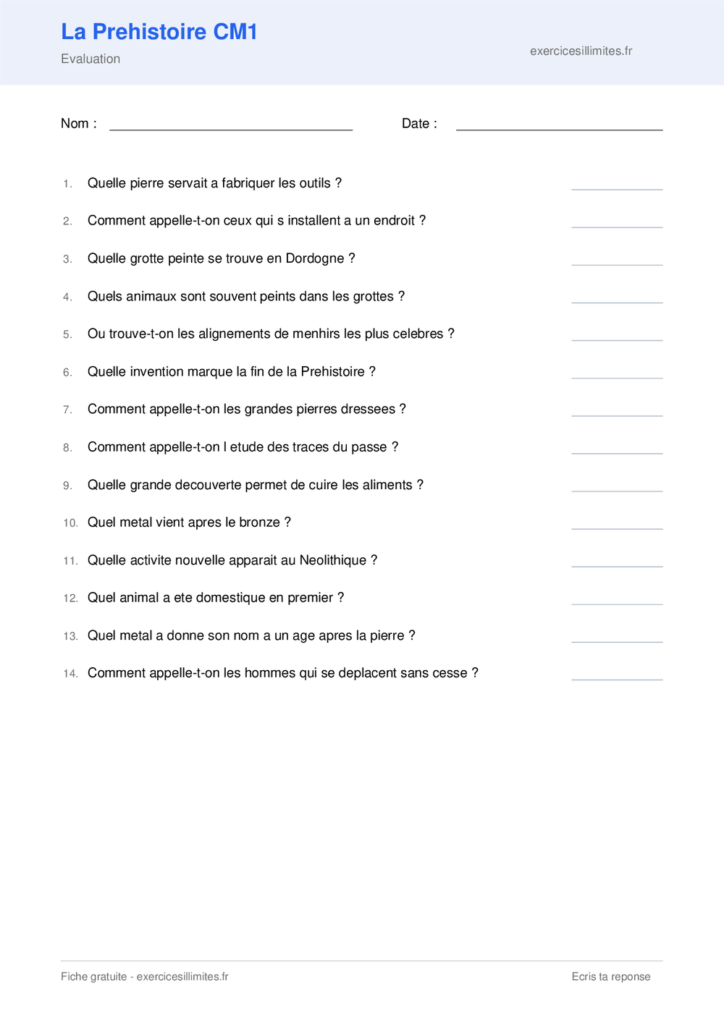 Fiche la prehistoire cm1 a imprimer