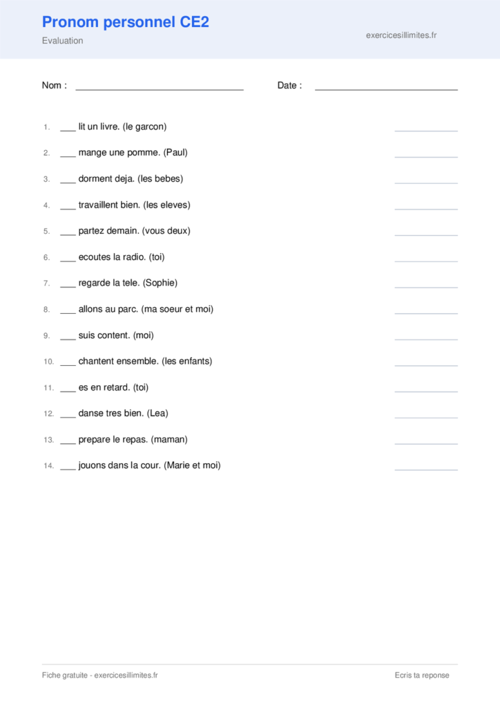 Fiche pronom personnel CE2 a imprimer