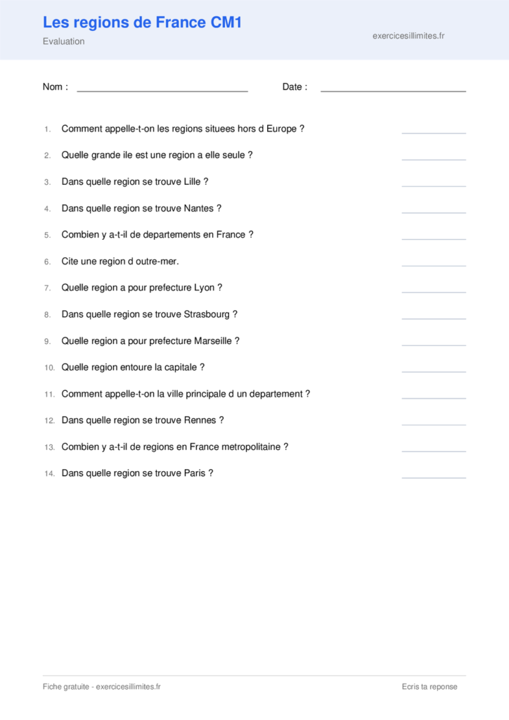 Fiche les regions de france cm1 a imprimer