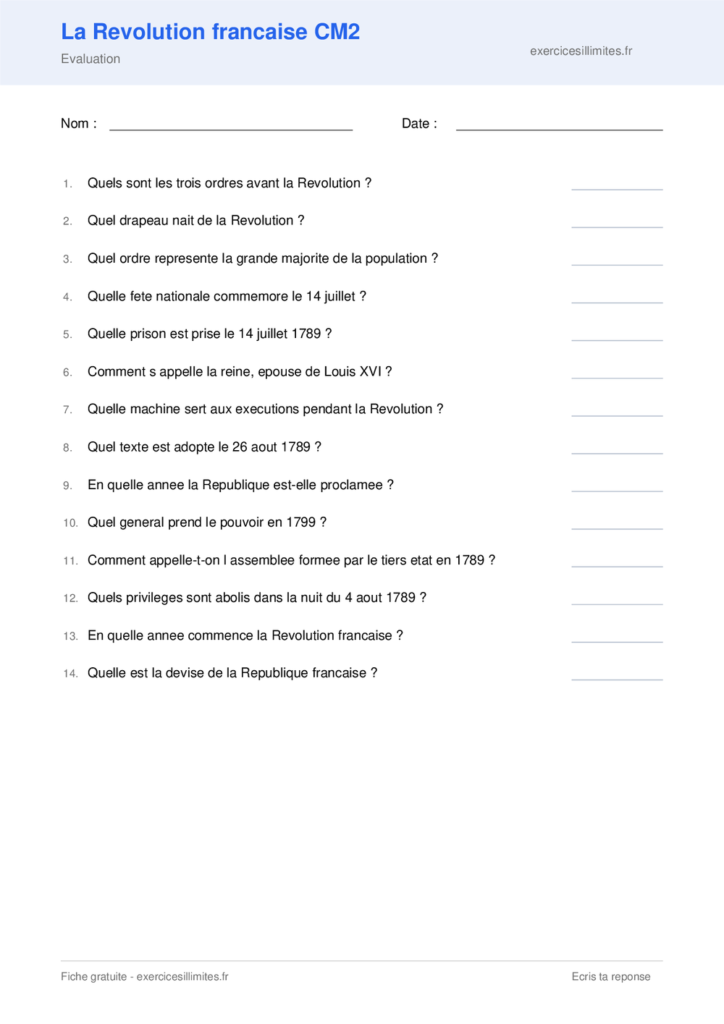 Fiche la revolution francaise cm2 a imprimer