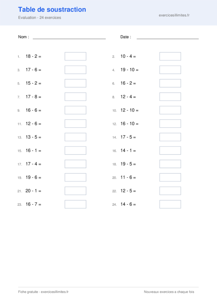 Fiche table de soustraction - Evaluation - 24 exercices