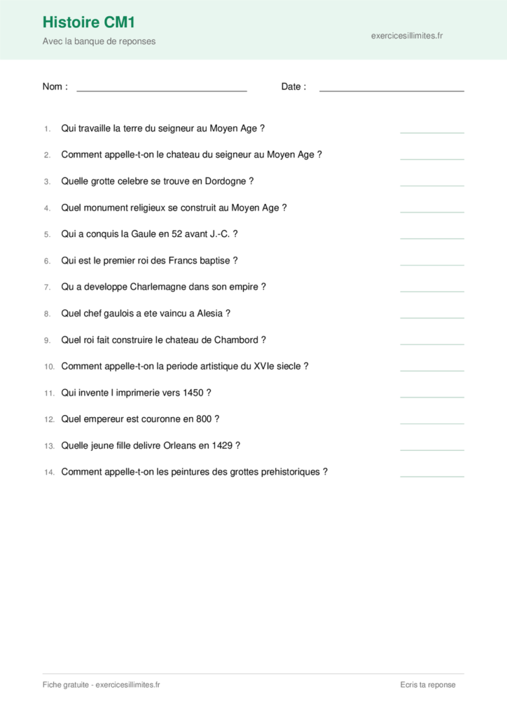Fiche exercice histoire CM1 a imprimer