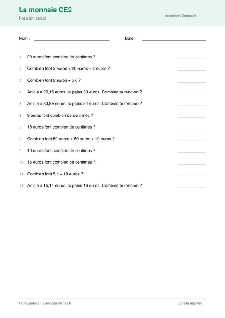 Fiche exercice monnaie CE2 a imprimer