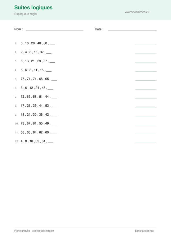 Fiche exercice suite logique a imprimer