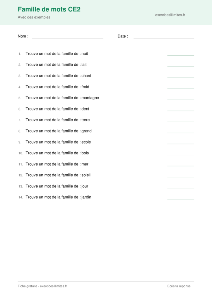 Fiche famille de mots CE2 a imprimer