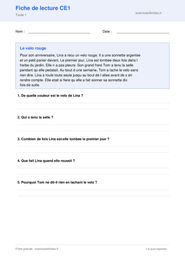 Fiche de lecture CE1 a imprimer - Le velo rouge