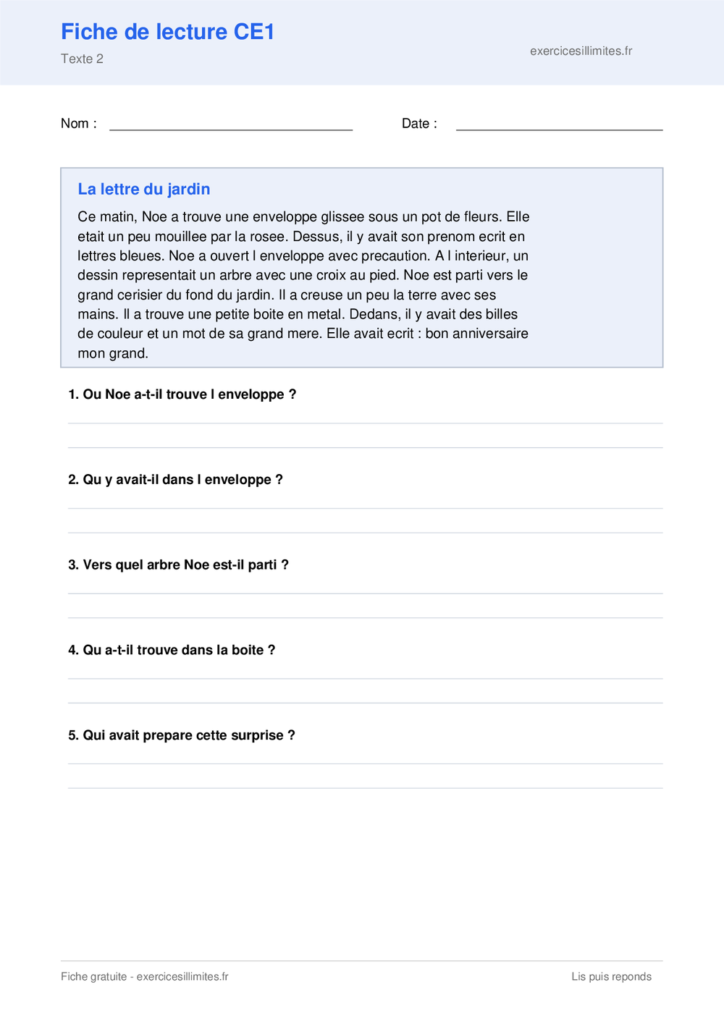 Fiche de lecture CE1 a imprimer - La lettre du jardin