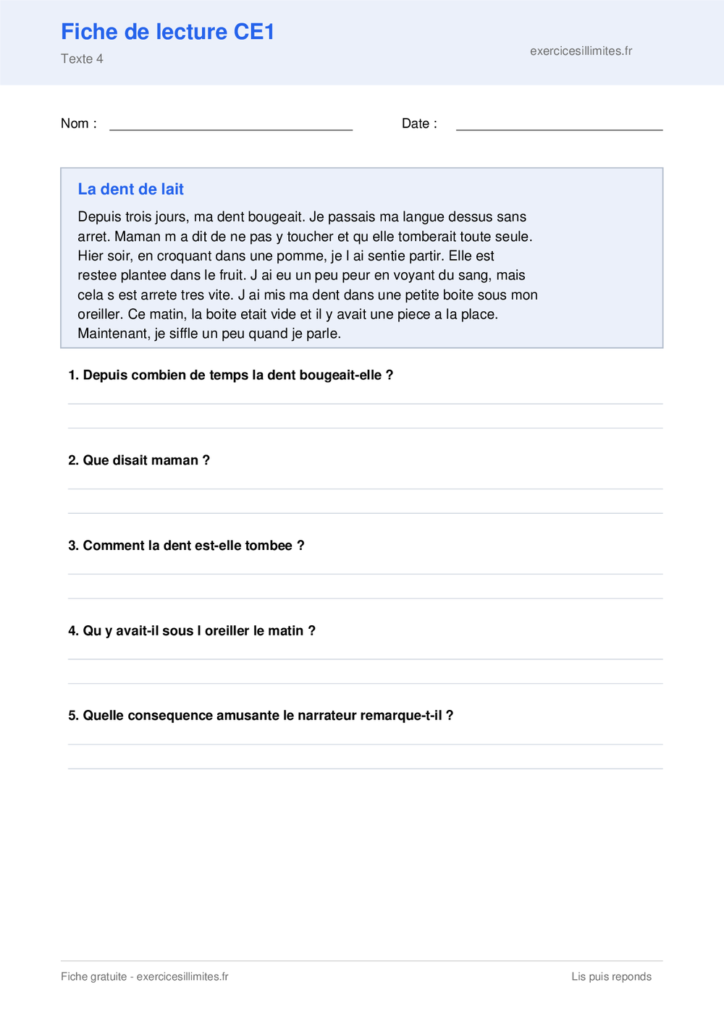 Fiche de lecture CE1 a imprimer - La dent de lait