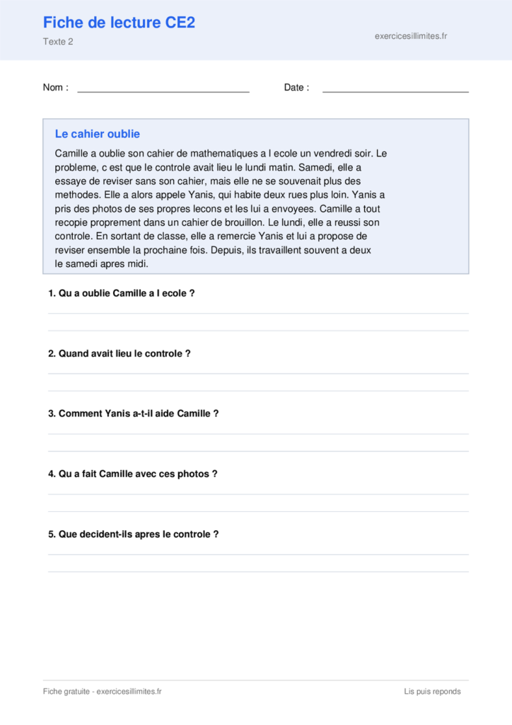 Fiche de lecture CE2 a imprimer - Le cahier oublie