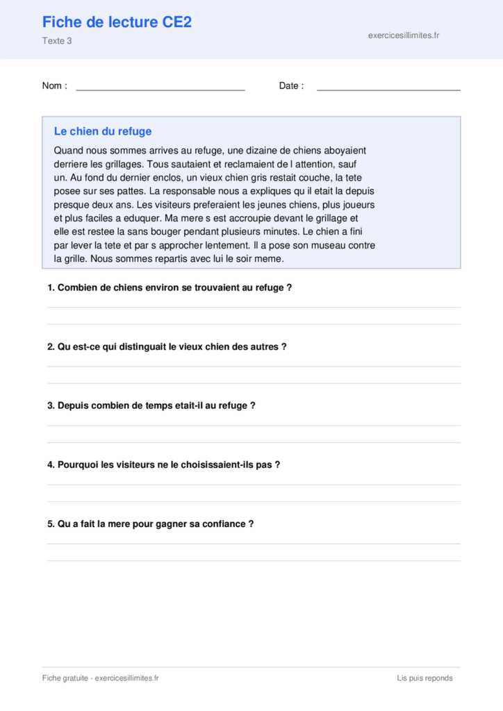 Fiche de lecture CE2 a imprimer - Le chien du refuge