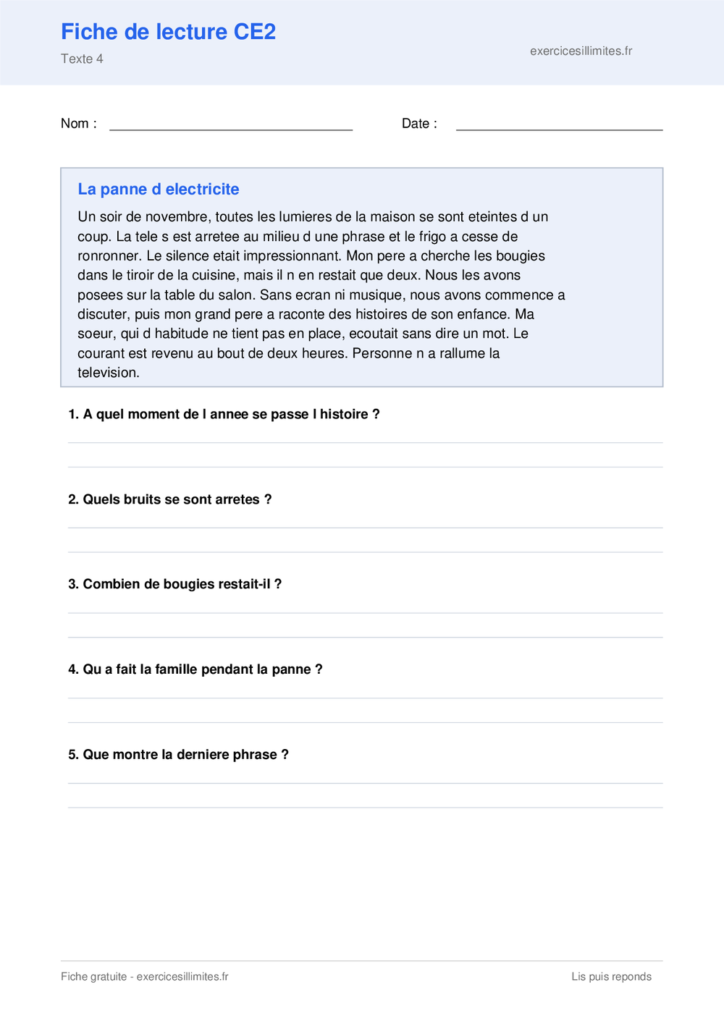Fiche de lecture CE2 a imprimer - La panne d electricite