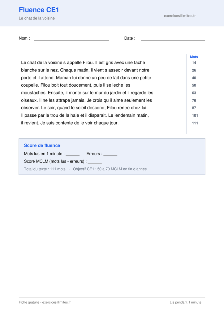 Texte de fluence CE1 a imprimer - Le chat de la voisine