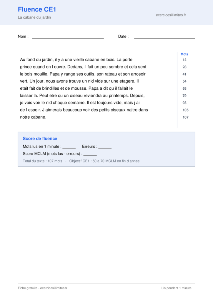 Texte de fluence CE1 a imprimer - La cabane du jardin