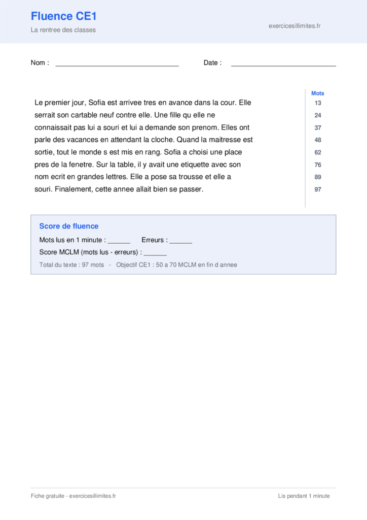 Texte de fluence CE1 a imprimer - La rentree des classes