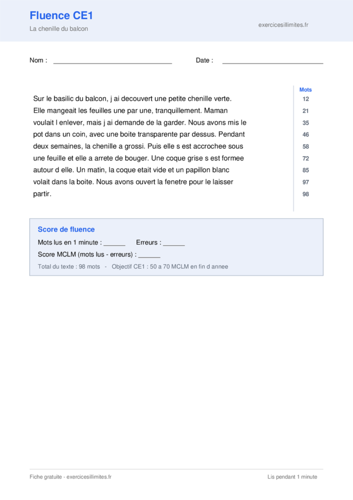 Texte de fluence CE1 a imprimer - La chenille du balcon