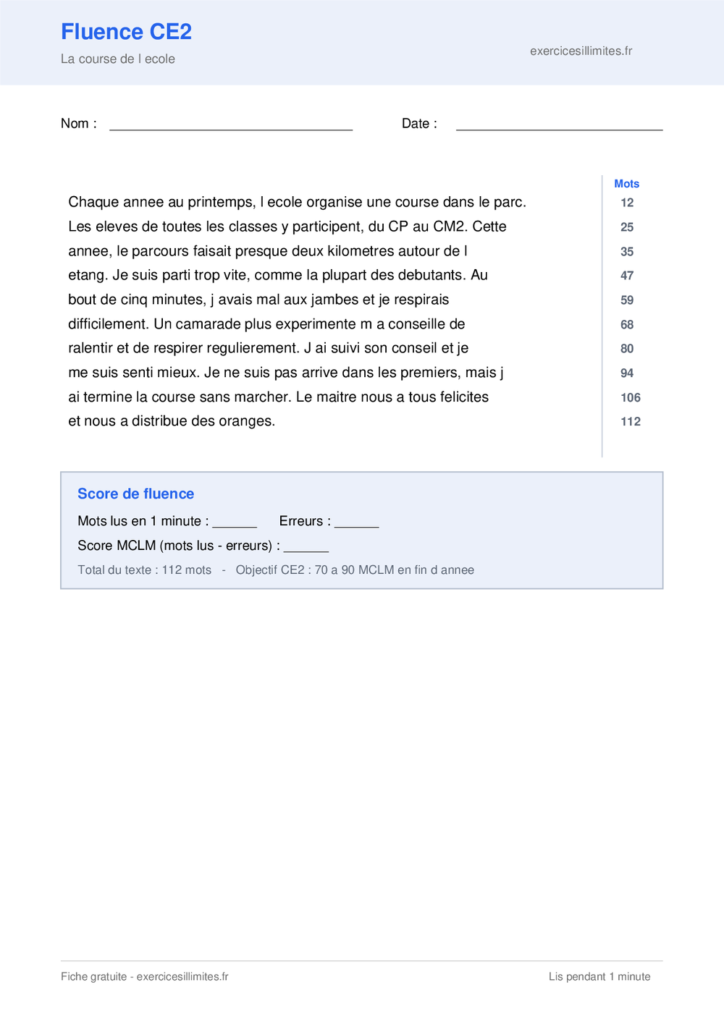 Texte de fluence CE2 a imprimer - La course de l ecole