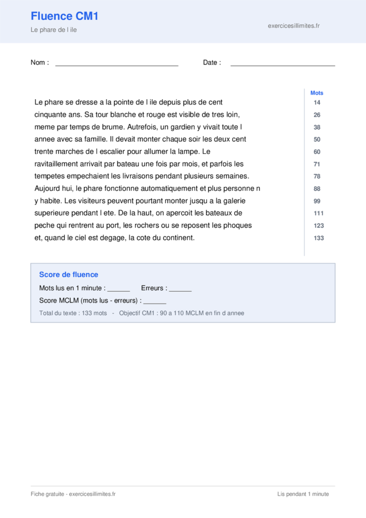 Texte de fluence CM1 a imprimer - Le phare de l ile