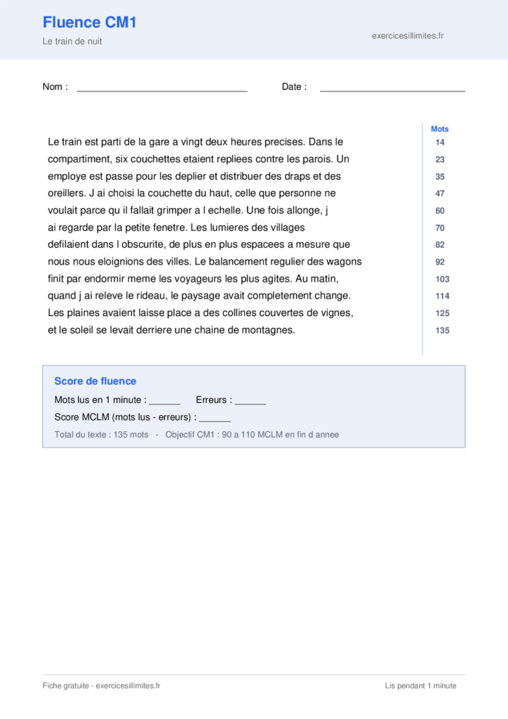 Texte de fluence CM1 a imprimer - Le train de nuit