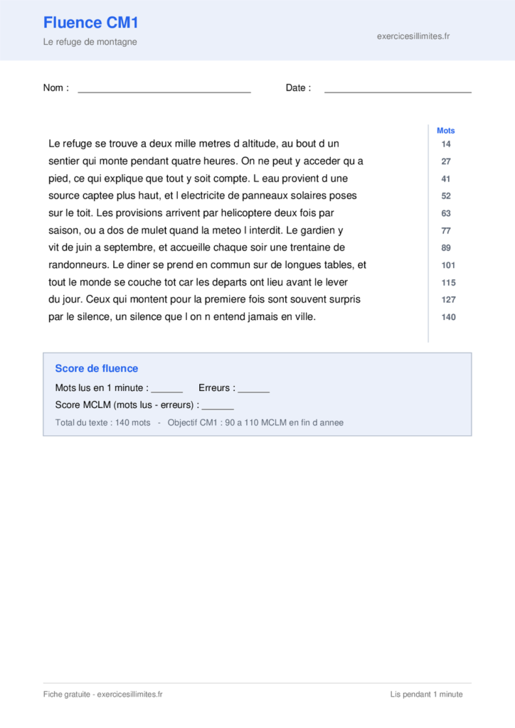 Texte de fluence CM1 a imprimer - Le refuge de montagne