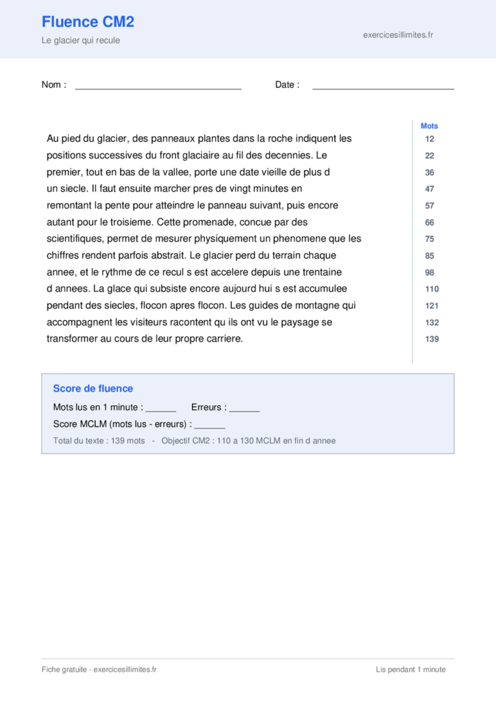 Texte de fluence CM2 a imprimer - Le glacier qui recule
