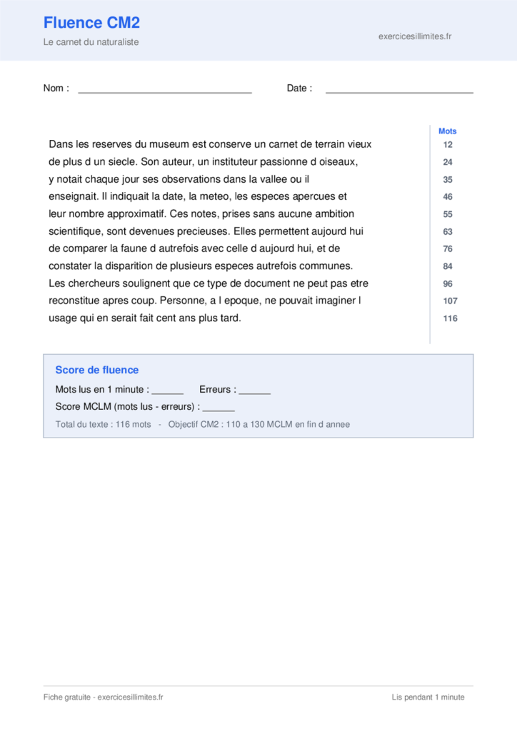 Texte de fluence CM2 a imprimer - Le carnet du naturaliste