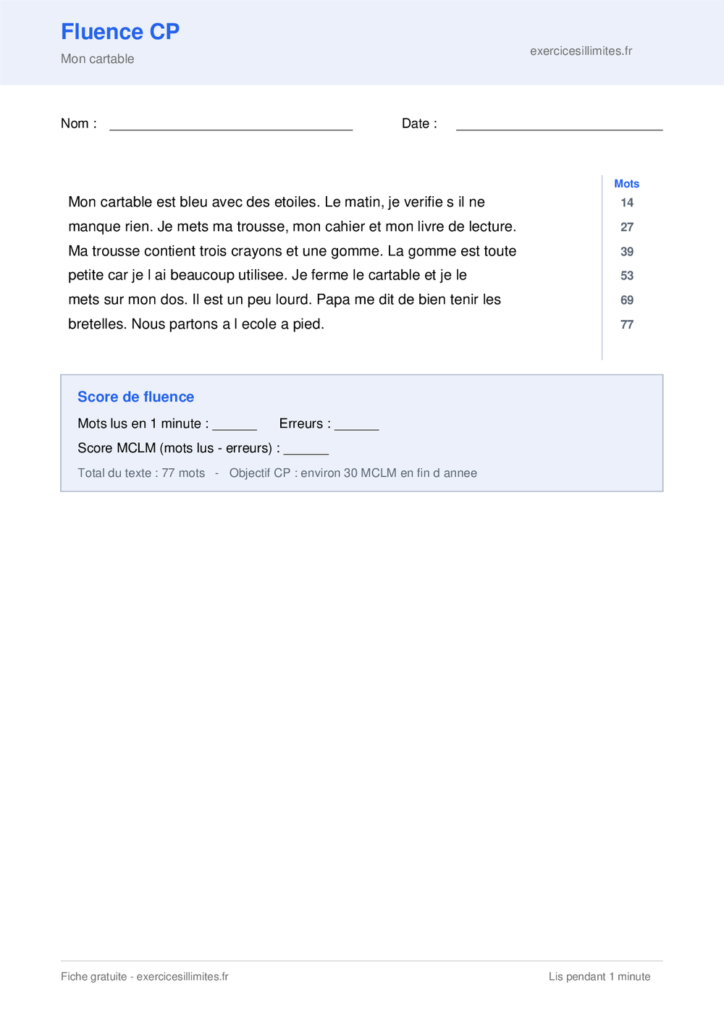 Texte de fluence CP a imprimer - Mon cartable