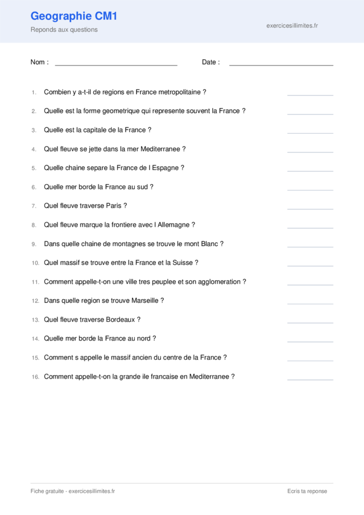 Fiche geographie CM1 fleuves et montagnes a imprimer