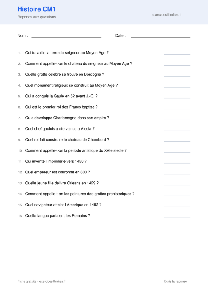 Fiche exercice histoire CM1 a imprimer