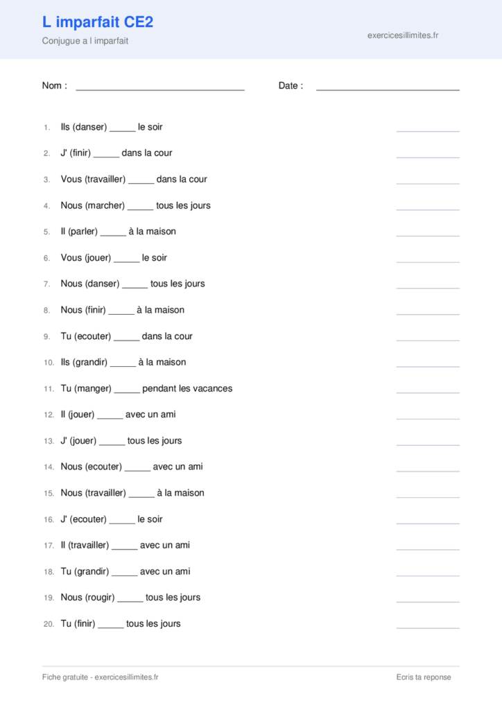 Fiche conjugaison imparfait CE2 a imprimer