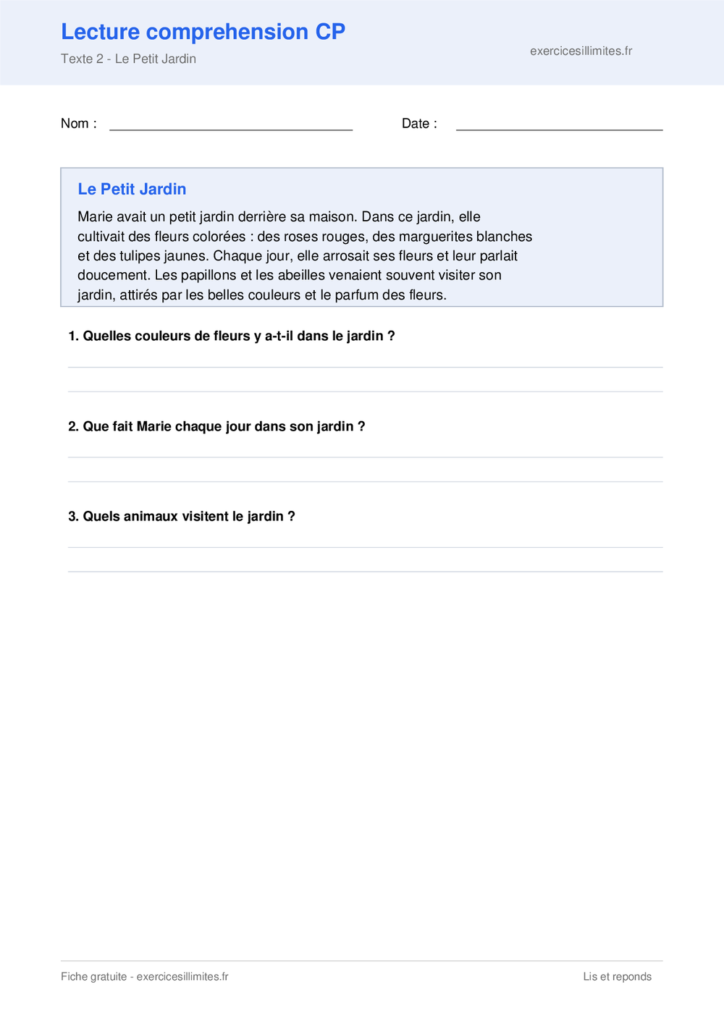 Fiche lecture comprehension - Le Petit Jardin