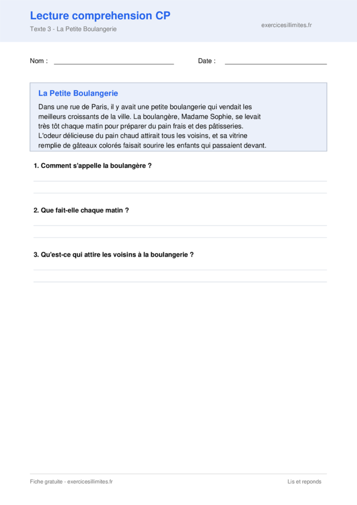 Fiche lecture comprehension - La Petite Boulangerie