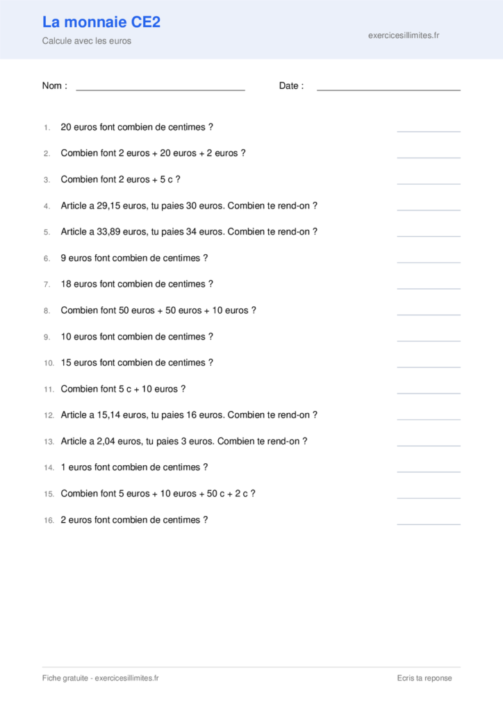 Fiche exercice monnaie CE2 a imprimer