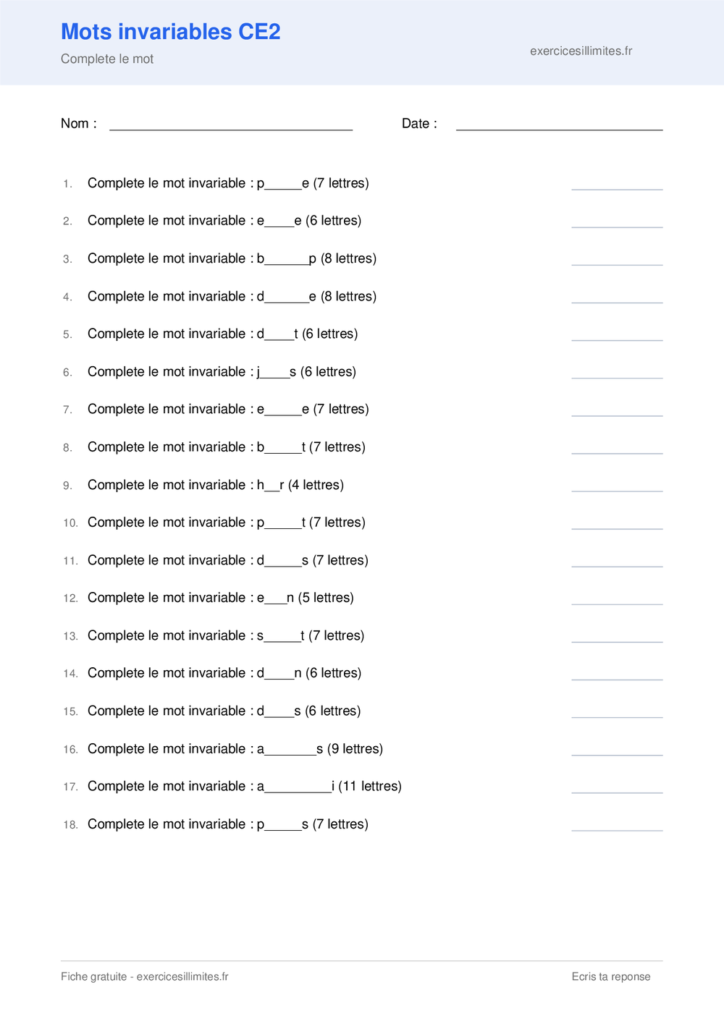 Fiche mots invariables CE2 a imprimer