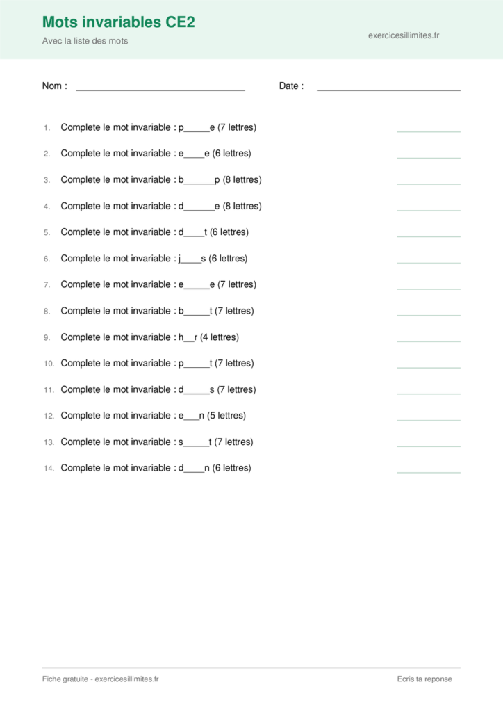 Fiche mots invariables CE2 a imprimer