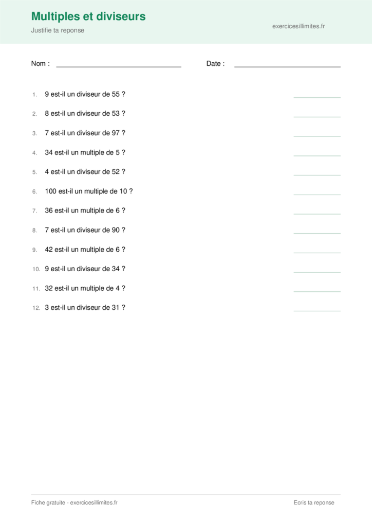 Fiche multiples et diviseurs - Justifie ta reponse