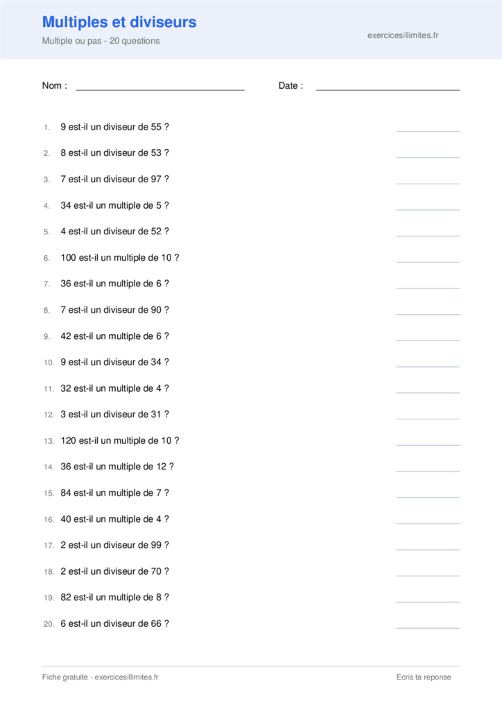 Fiche multiples et diviseurs - Multiple ou pas - 20 questions