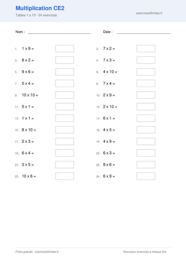 Fiche multiplication ce2 - Tables 1 a 10 - 24 exercices