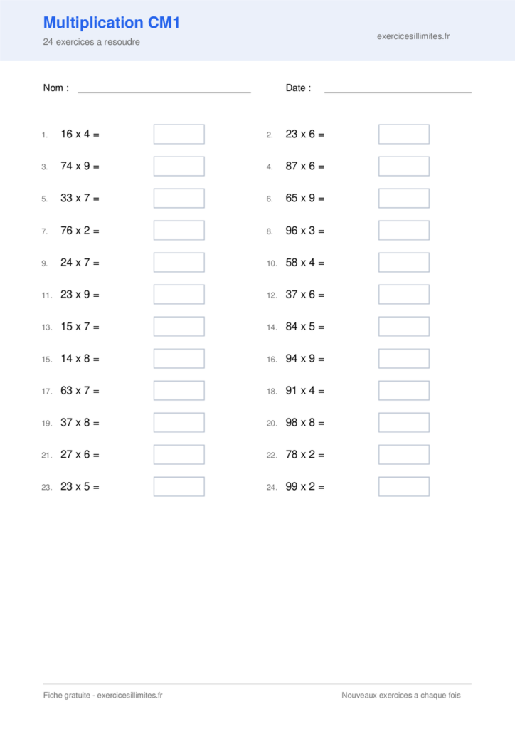 Fiche multiplication cm1 - 24 exercices a resoudre