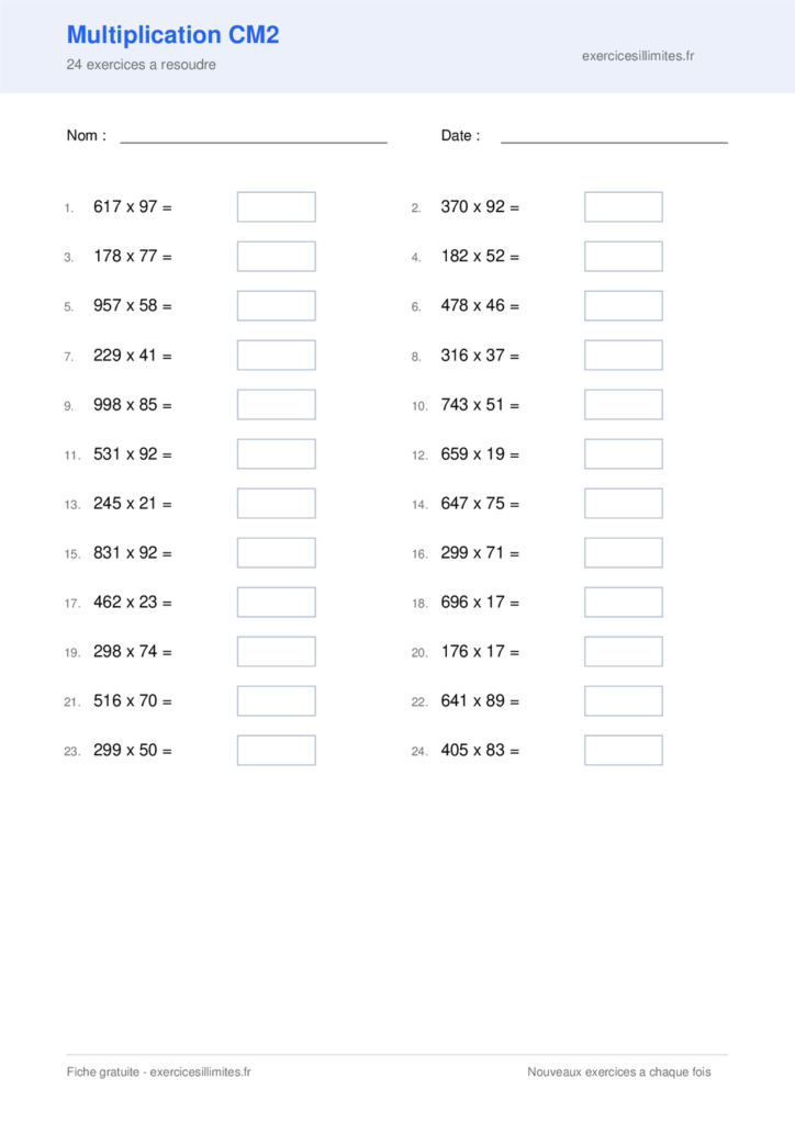 Fiche multiplication cm2 - 24 exercices a resoudre
