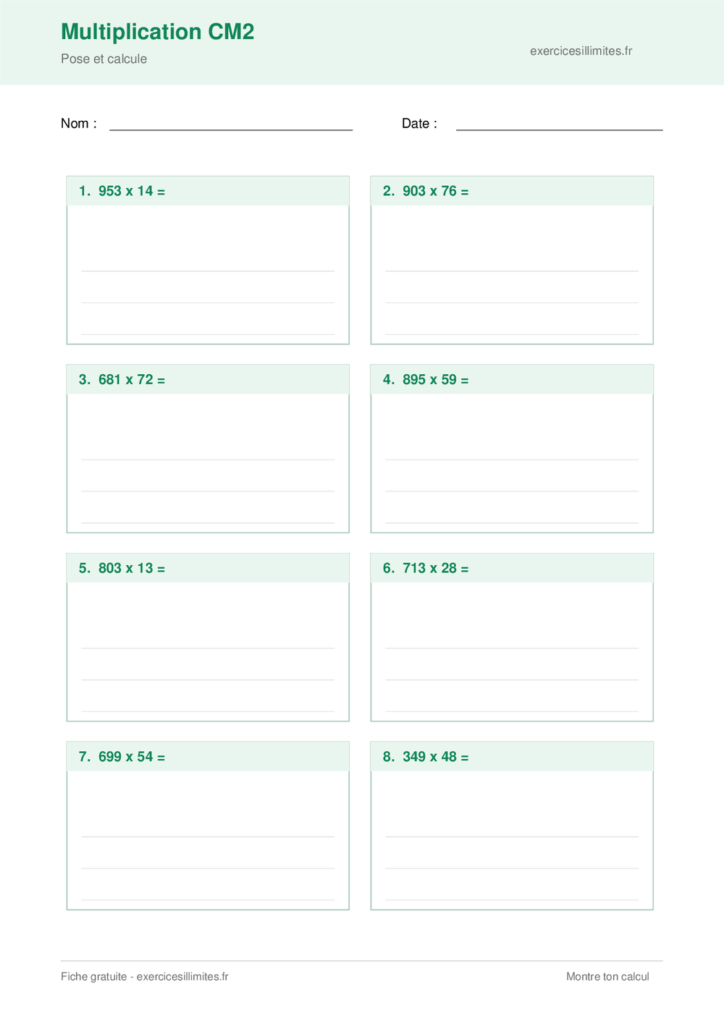 Fiche multiplication cm2 - Pose et calcule