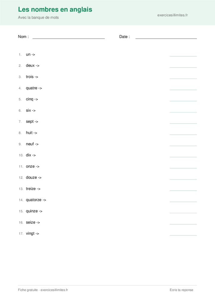 exercice nombre en anglais de 1 à 20