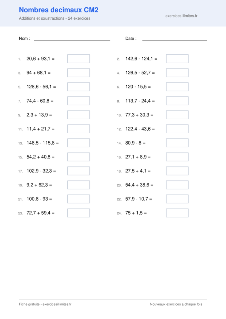 Fiche nombres decimaux CM2 - Additions et soustractions - 24 exercices