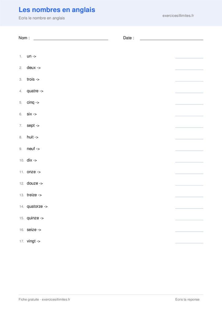 Fiche nombres en anglais a imprimer