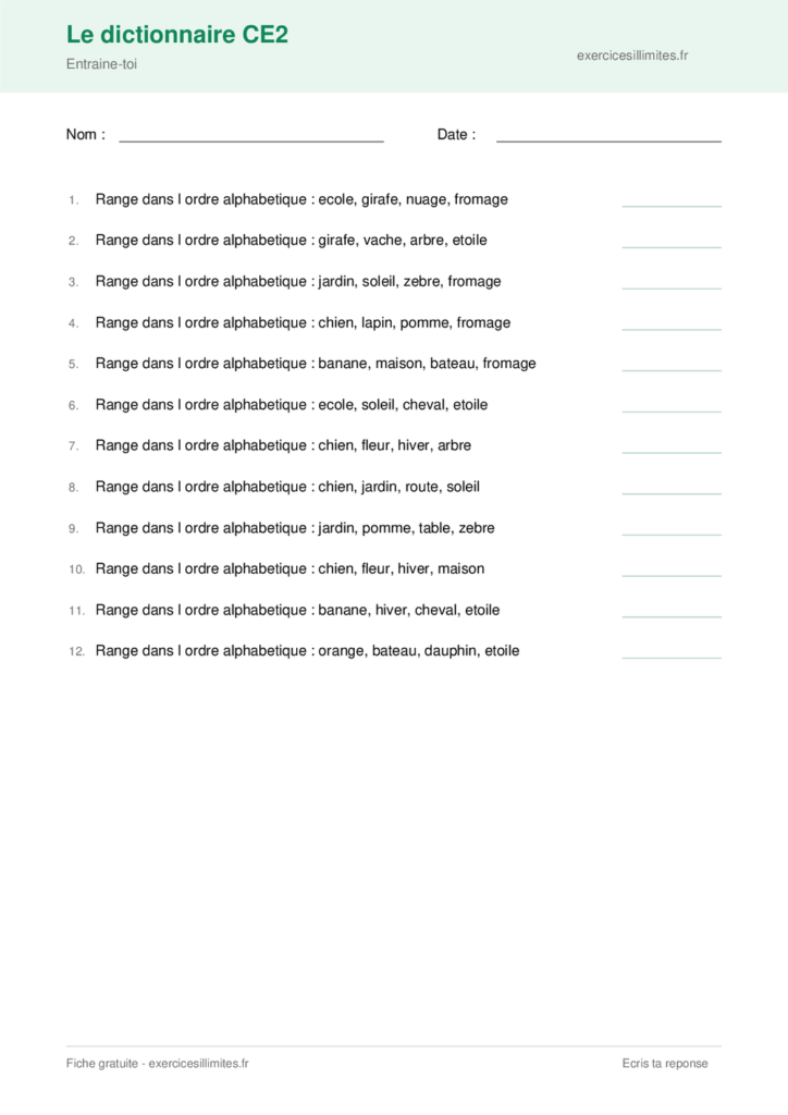 Fiche ordre alphabetique et dictionnaire CE2 a imprimer