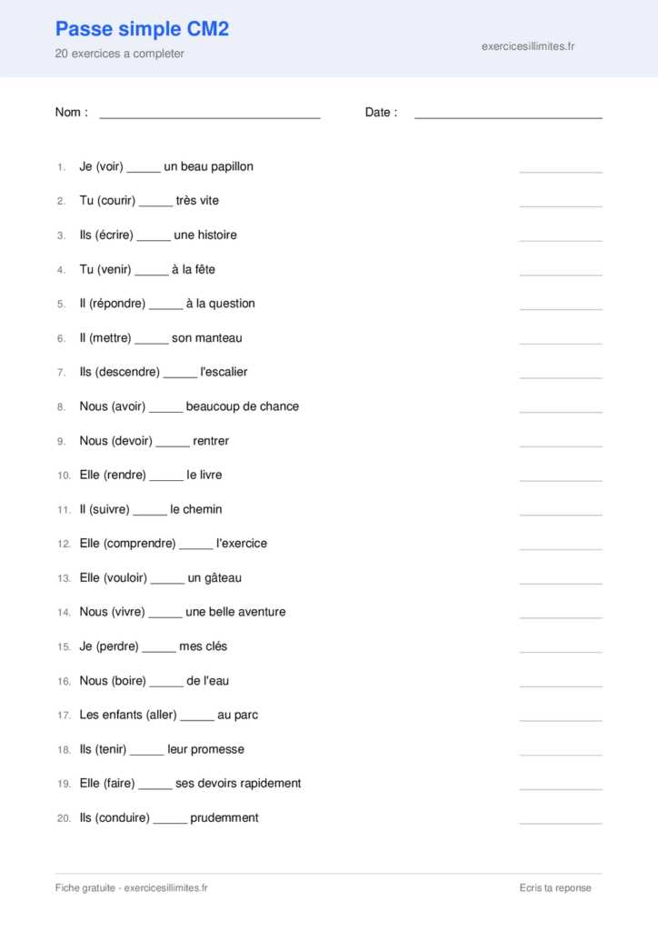 Fiche passe simple cm2 a imprimer