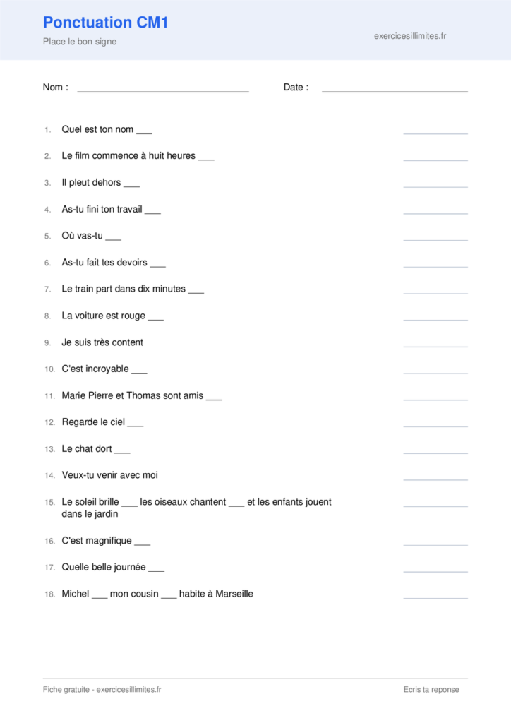 Fiche ponctuation CM1 a imprimer