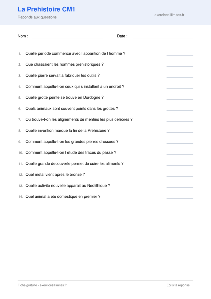 Fiche la prehistoire cm1 a imprimer