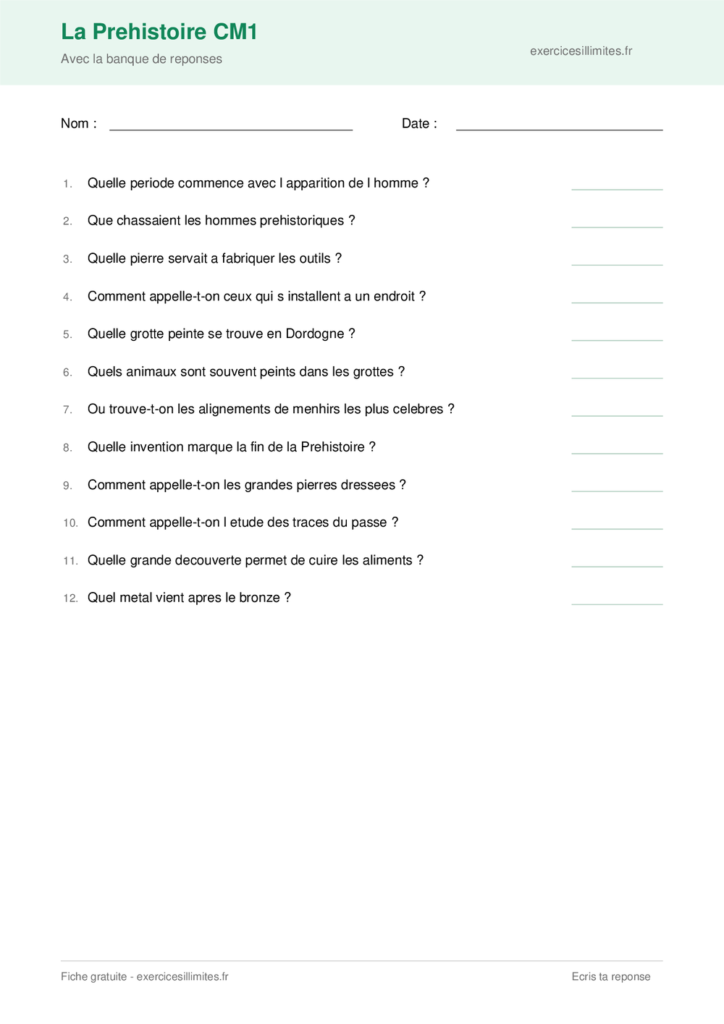 Fiche la prehistoire cm1 a imprimer